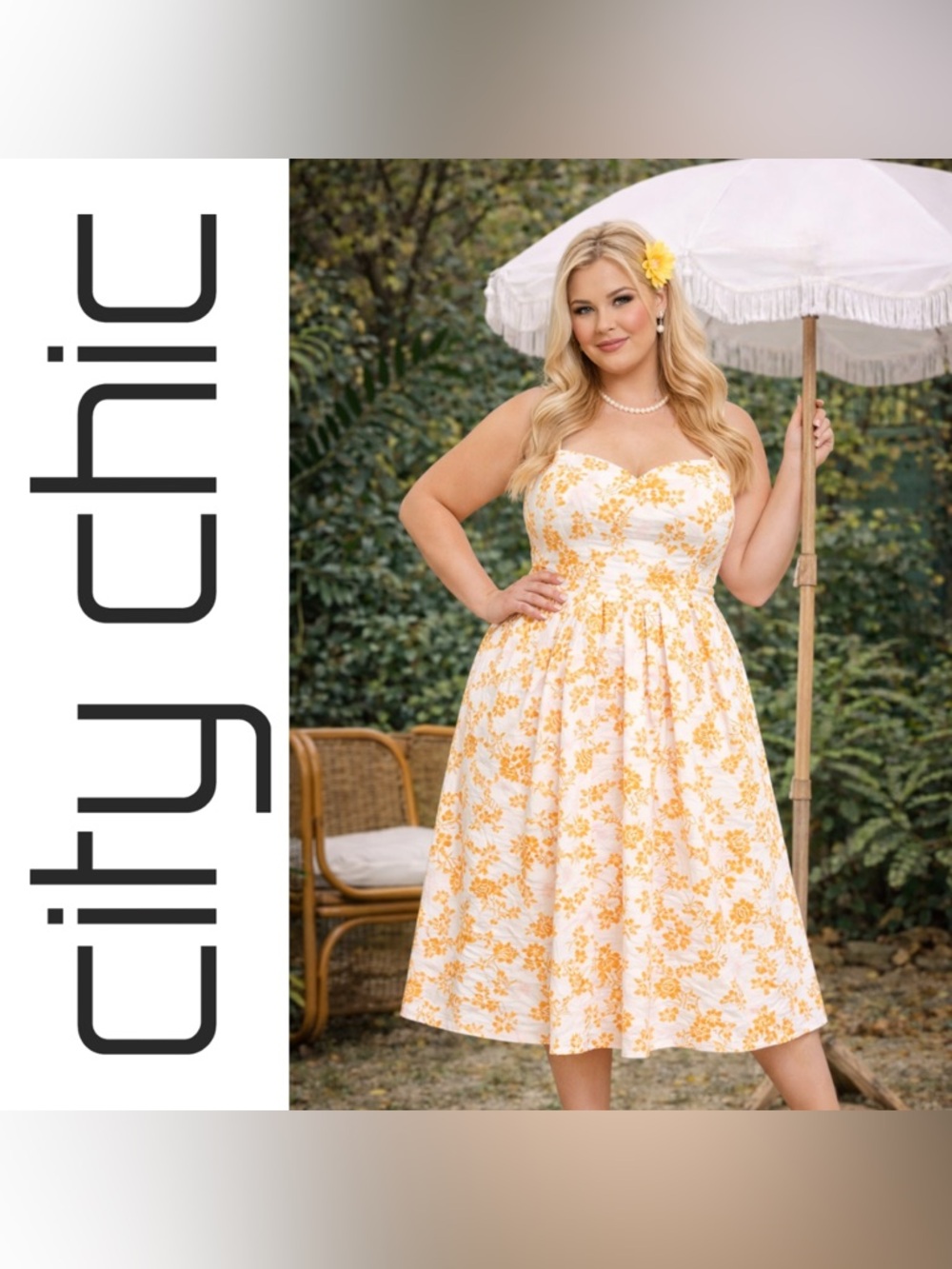 City Chic Cotton White & Yellow Tropical Floral Sunny Dazes Sundress, XL, NWT!